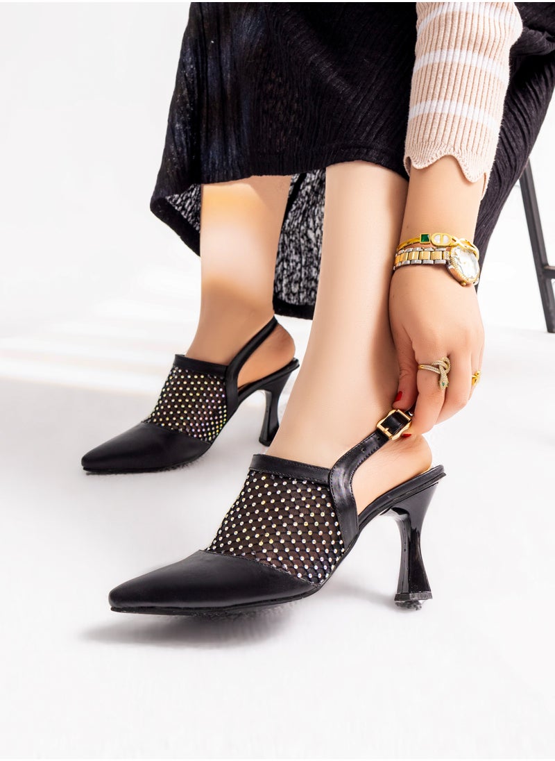 LIFESTYLISH Shoes Heel Leather With Mesh F-26 - Black 