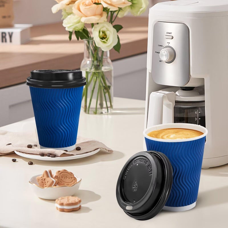 Clawsoff 100 Pack Coffee Cups with Lids 12oz, Disposable Insulated Ripple Wall To Go Paper Coffee Cups for Hot/Cold Drinks Office Home Shop Event (Navy) - Image 2