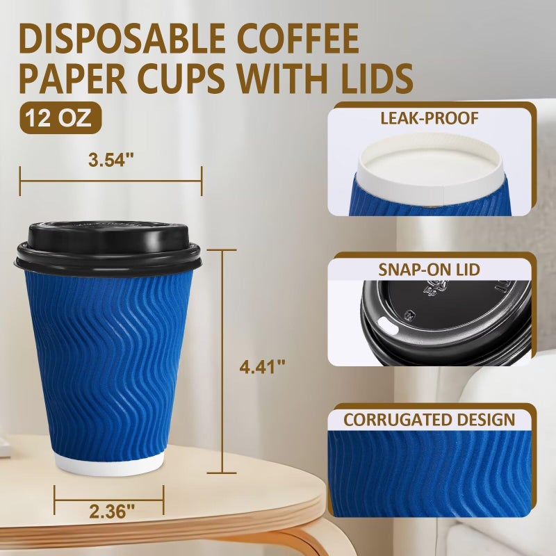 Clawsoff 100 Pack Coffee Cups with Lids 12oz, Disposable Insulated Ripple Wall To Go Paper Coffee Cups for Hot/Cold Drinks Office Home Shop Event (Navy) - Image 3