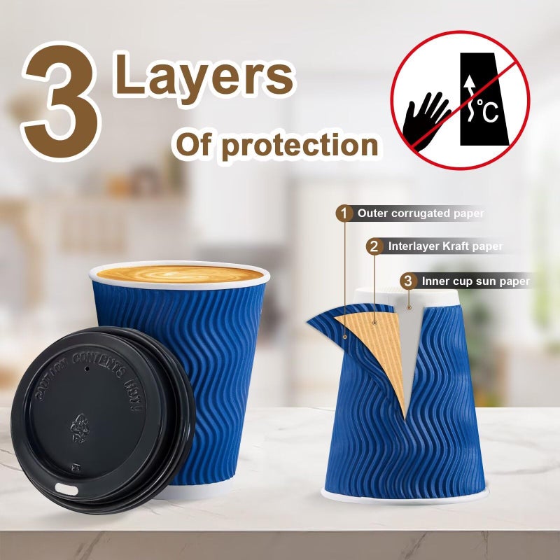 Clawsoff 100 Pack Coffee Cups with Lids 12oz, Disposable Insulated Ripple Wall To Go Paper Coffee Cups for Hot/Cold Drinks Office Home Shop Event (Navy) - Image 4