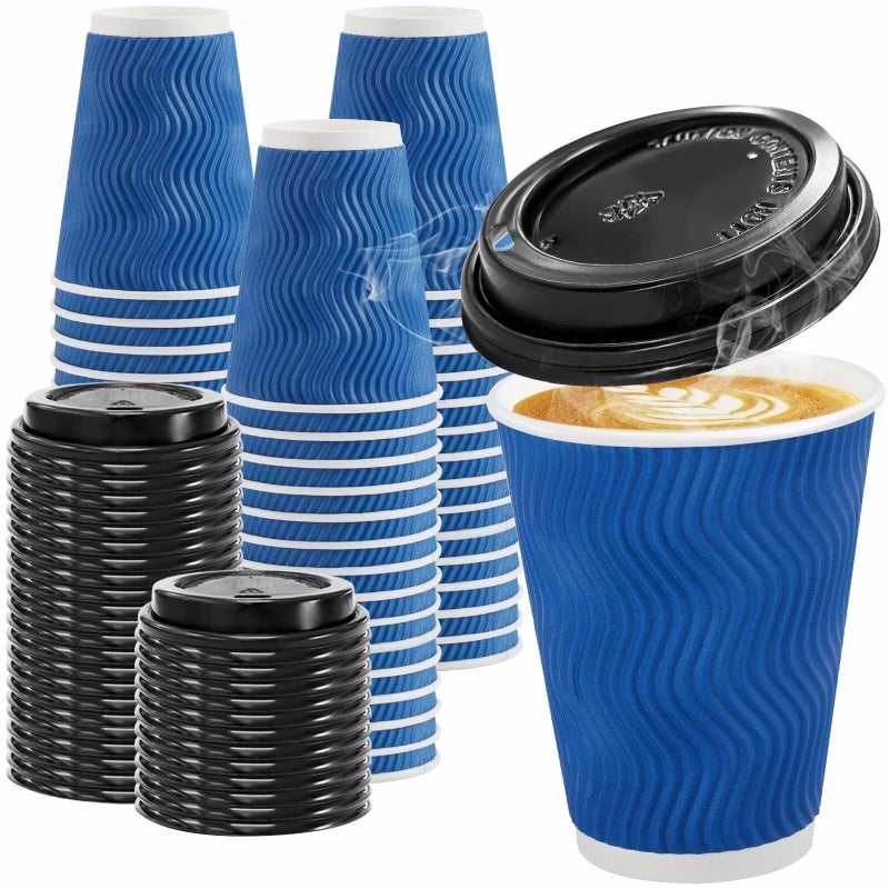 Clawsoff 100 Pack Coffee Cups with Lids 12oz, Disposable Insulated Ripple Wall To Go Paper Coffee Cups for Hot/Cold Drinks Office Home Shop Event (Navy) - Image 1