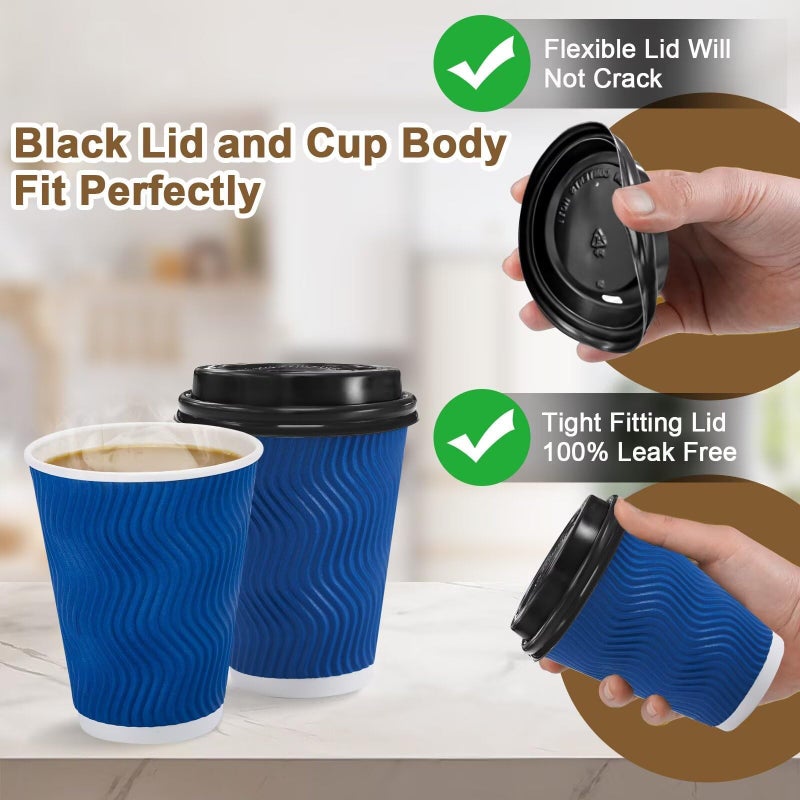 Clawsoff 100 Pack Coffee Cups with Lids 12oz, Disposable Insulated Ripple Wall To Go Paper Coffee Cups for Hot/Cold Drinks Office Home Shop Event (Navy) - Image 5