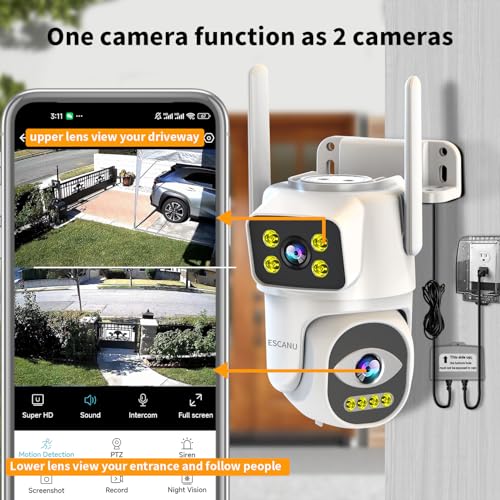 ESCANU Dual Lens Security Camera Outdoor,WiFi Camera for Home Security,Home Survaillance Outdoor,PTZ,2-Way Audio, Auto Tracking,Night Vision,24/7 Continous Record,IP65 Weather Proof - Image 2