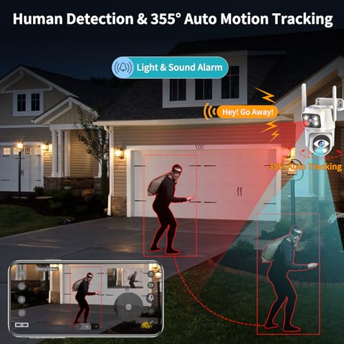 ESCANU Dual Lens Security Camera Outdoor,WiFi Camera for Home Security,Home Survaillance Outdoor,PTZ,2-Way Audio, Auto Tracking,Night Vision,24/7 Continous Record,IP65 Weather Proof - Image 3
