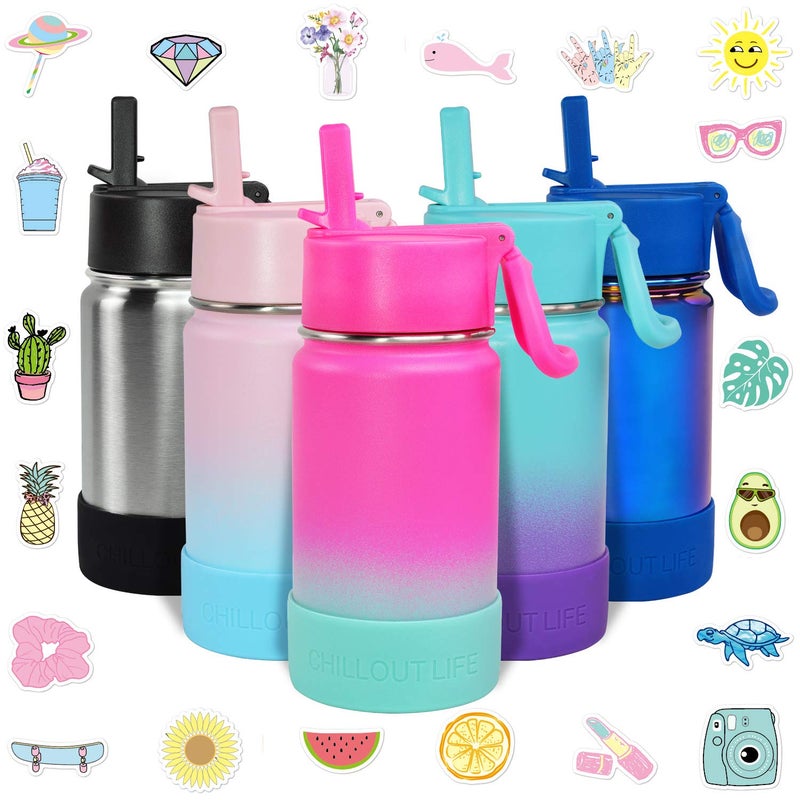 CHILLOUT LIFE 12 oz Kids Insulated Water Bottle for School with Straw Lid Leakproof and Cute Waterproof Stickers Personalized Stainless Steel Thermos Flask Metal Water Bottle for Girls  Boys