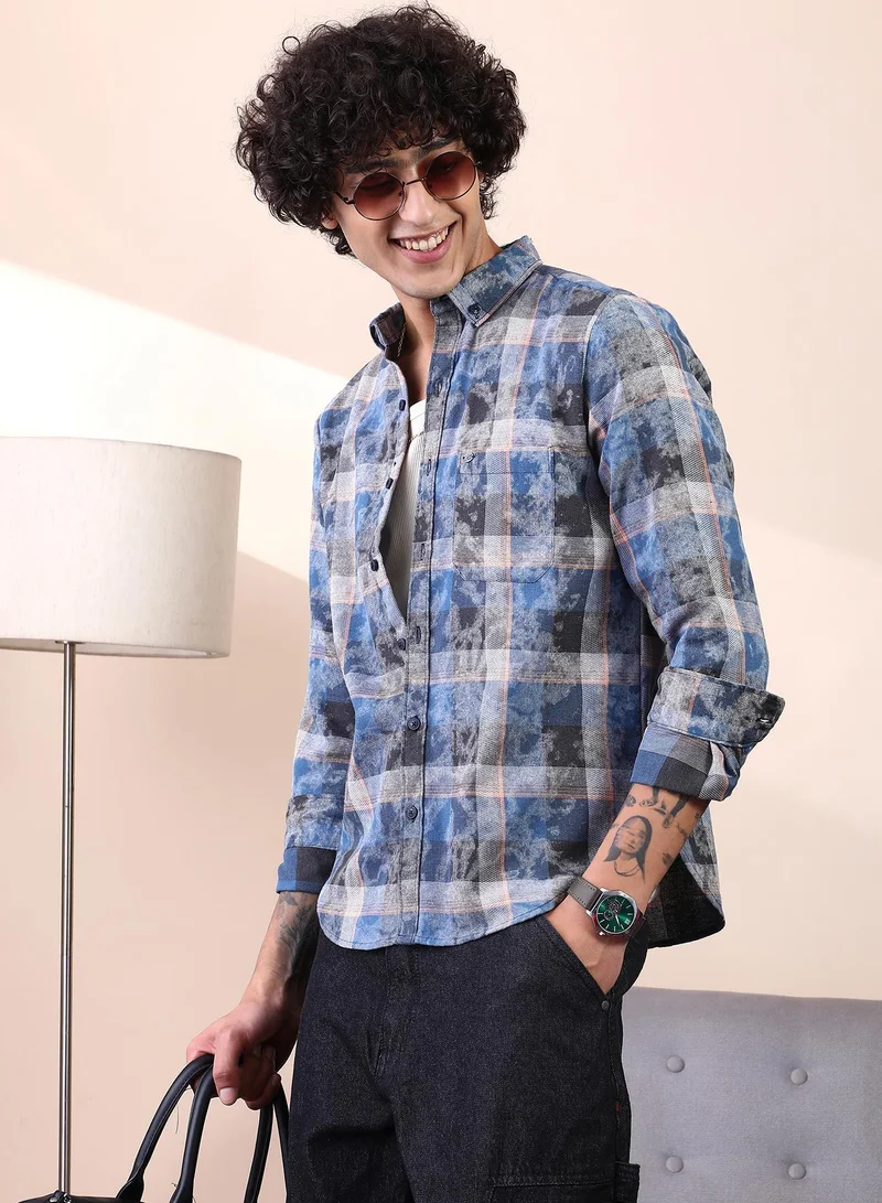 Men's Indigo Blue Faded-Plaid Regular Shirt