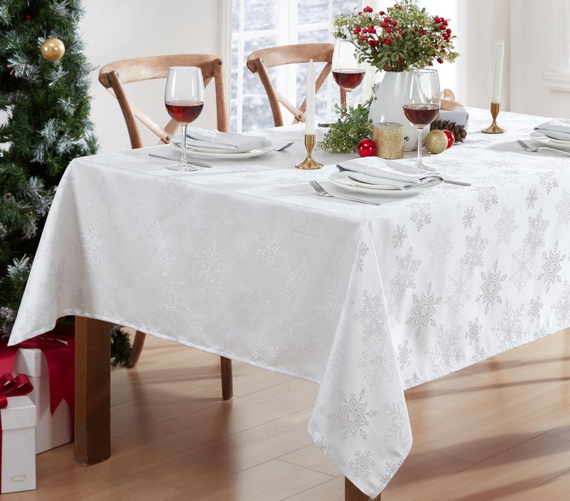 Newbridge Fancy Metallic Snowflake Christmas Fabric Tablecloth 60 x 84 Inch Rectangle White Silver NoIron Soil Resistant Sparkling Snowflakes Woven Holiday Table Cover