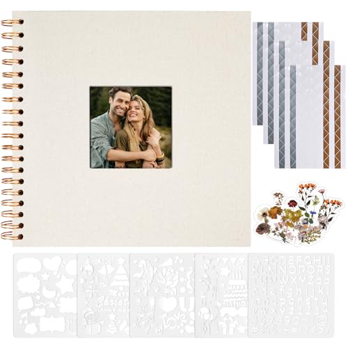 Vienrose 8x8 Inch Scrapbook DIY Small Hardcover Kraft White Pages Scrapbook Photo Album Linen Cover Scrap Book Photo Albums Scrapbooking Supplies Kit for Couple Family Wedding Travel