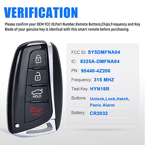 Keymall بديل مفتاح عن بُعد بدون مفتاح من Keymall لهيونداي سانتا في 2013 2014 2015 2016 2017 2018 315 ميجاهرتز 4 أزرار (FCC ID:SY5DMFNA04 PN: 95440-4Z200) - Image 2