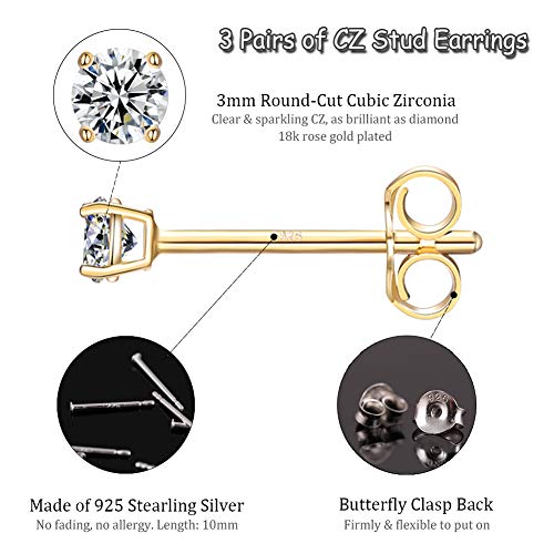 EPIRORA Sterling Silver Stud Earrings for Women Men- 3 Pairs 3mm Tiny Ball Stud Earrings Round CZ Earrings Pearl Earring Set Cartilage Small Tragus Earring (3 Pairs-Cubic Zirconia Earings(Gold)) - Image 2