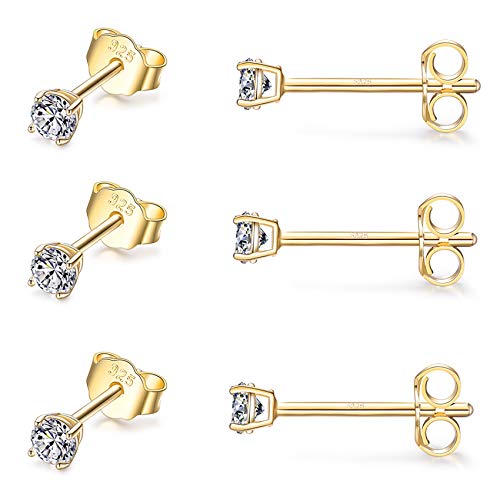 EPIRORA Sterling Silver Stud Earrings for Women Men- 3 Pairs 3mm Tiny Ball Stud Earrings Round CZ Earrings Pearl Earring Set Cartilage Small Tragus Earring (3 Pairs-Cubic Zirconia Earings(Gold)) - Image 1