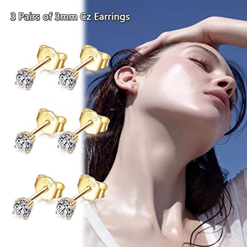 EPIRORA Sterling Silver Stud Earrings for Women Men- 3 Pairs 3mm Tiny Ball Stud Earrings Round CZ Earrings Pearl Earring Set Cartilage Small Tragus Earring (3 Pairs-Cubic Zirconia Earings(Gold)) - Image 3