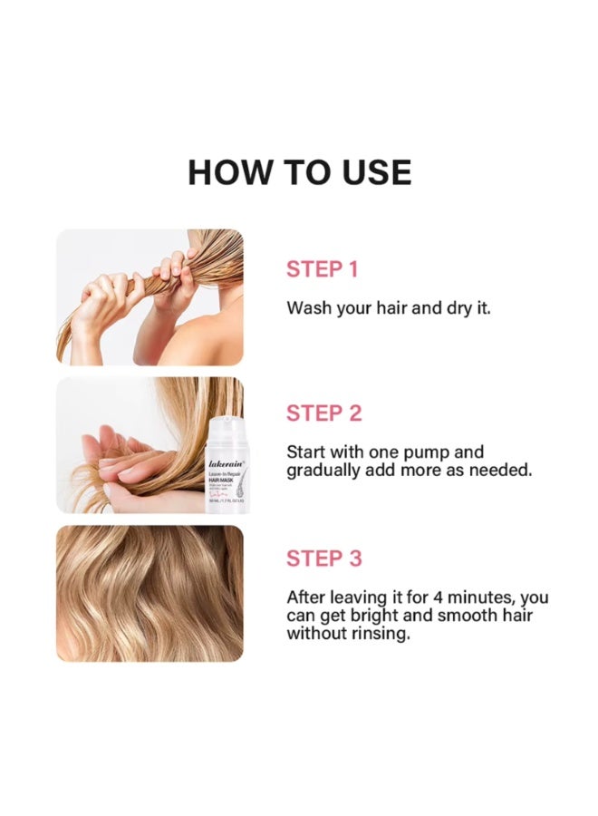 lakerain قناع شعر مرمم بدون شطف 50 مل - ماسك للشعر الناعم اللامع والمشرق، لعلاج الشعر الجاف والتالف، مناسب للشعر المجعد والمتموج والسميك والرفيع، قناع مغذي ومرطب ومملس للشعر. - Image 5