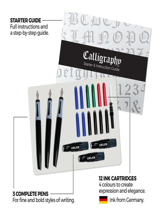 Zieler Calligraphy Pen Set - Complete 3 Pen 17-piece Calligraphy Writing Set - Free-Flowing Pens with Soft Rubber Finger Grip - Suitable for All Levels - Image 2