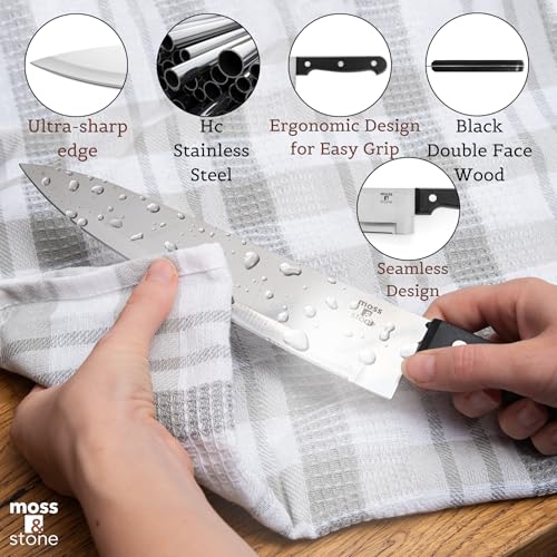 Moss & Stone 7-Piece Kitchen Knife Set with Block – Stainless Steel Serrated Kitchen Knives, High Carbon Blades, Small Cutlery Set for Home Cooking, Compact Countertop Small Knife Set Wood Block - Image 3