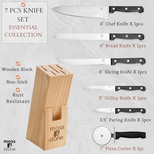 Moss & Stone 7-Piece Kitchen Knife Set with Block – Stainless Steel Serrated Kitchen Knives, High Carbon Blades, Small Cutlery Set for Home Cooking, Compact Countertop Small Knife Set Wood Block - Image 2