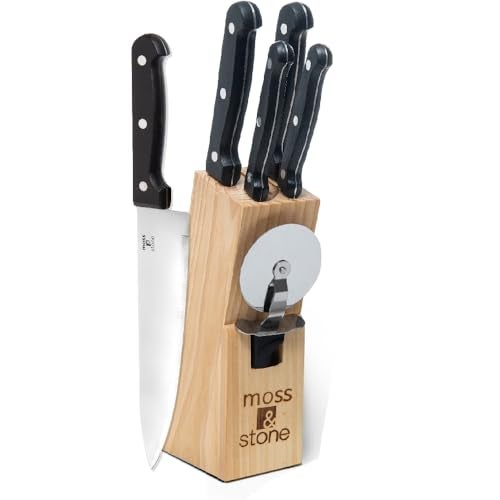 Moss & Stone 7-Piece Kitchen Knife Set with Block – Stainless Steel Serrated Kitchen Knives, High Carbon Blades, Small Cutlery Set for Home Cooking, Compact Countertop Small Knife Set Wood Block - Image 1