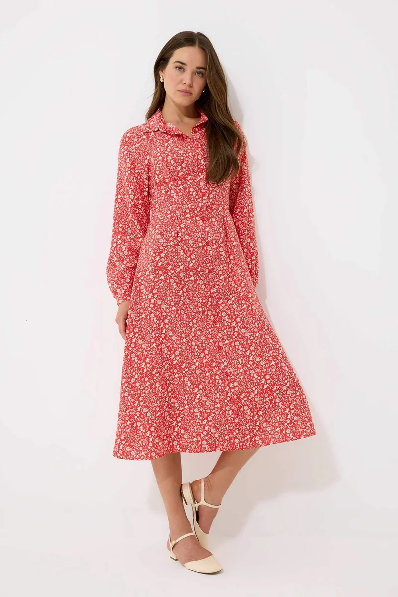 ديفاكتو Shirt Collar Patterned Long Sleeve Midi Dress