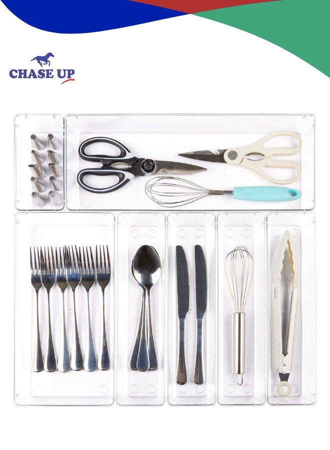 Chase Up 7 PCS Kitchen Drawer Organizer, 4 Size Clear Plastic Utensil Organizer Tray, Silverware Flatware Organizer for Drawer, Storage Bins for Makeup, Bathroom - Image 1
