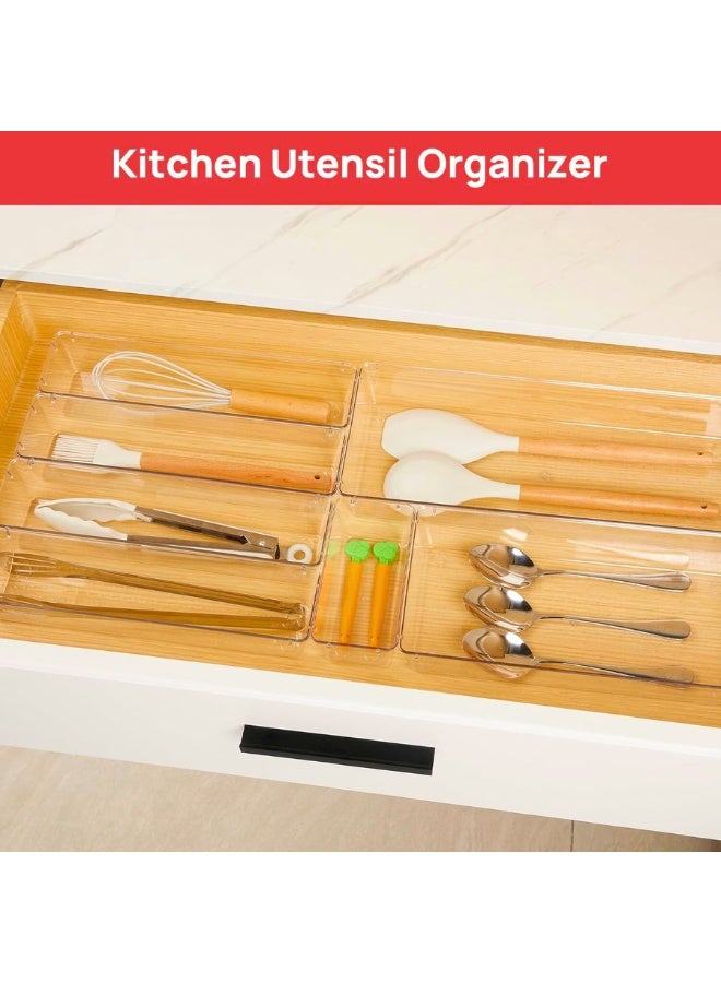 Chase Up 7 PCS Kitchen Drawer Organizer, 4 Size Clear Plastic Utensil Organizer Tray, Silverware Flatware Organizer for Drawer, Storage Bins for Makeup, Bathroom - Image 2