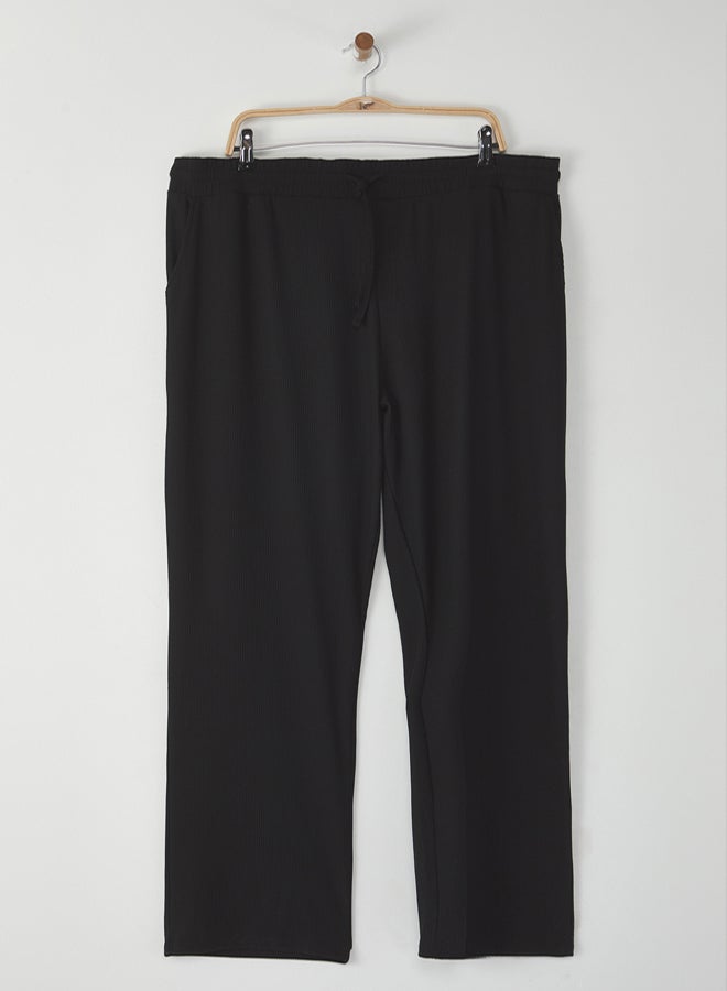 trendyol Large Size Black Wide Leg Textured WrinkleFree Hidden Cord Sweatpants - Image 2
