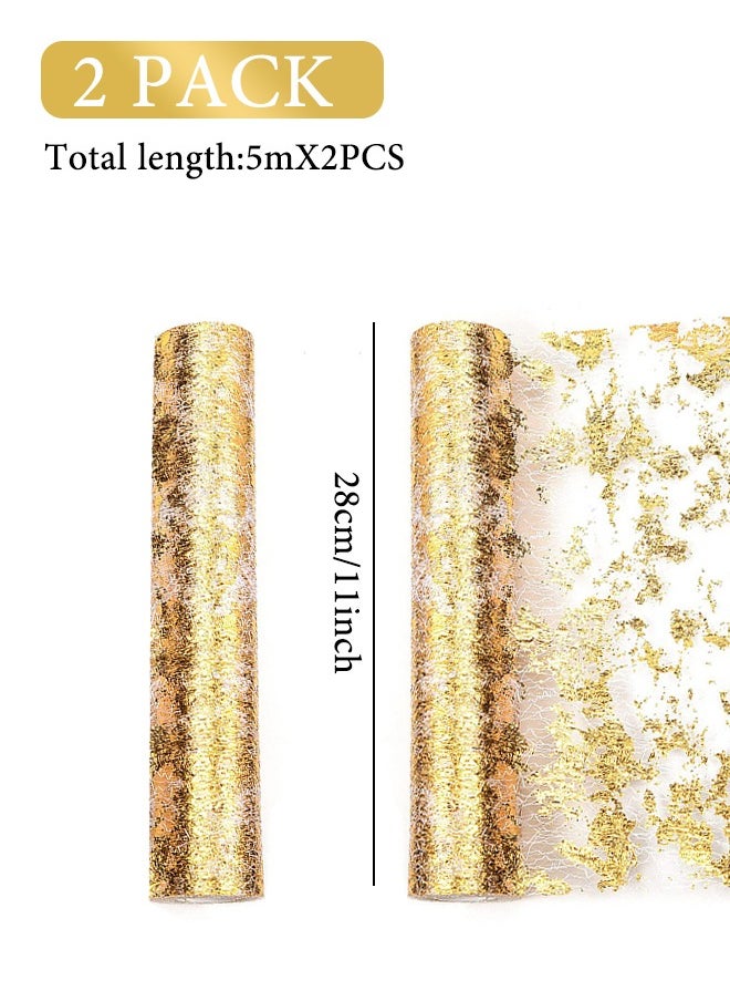 2PCS 16.4ft Gold Table Runner, Glitter Metallic Gold Runners Roll Sequin Thin Mesh Table Runner for Event Party, Wedding, Birthday Party Glam Table Decorations