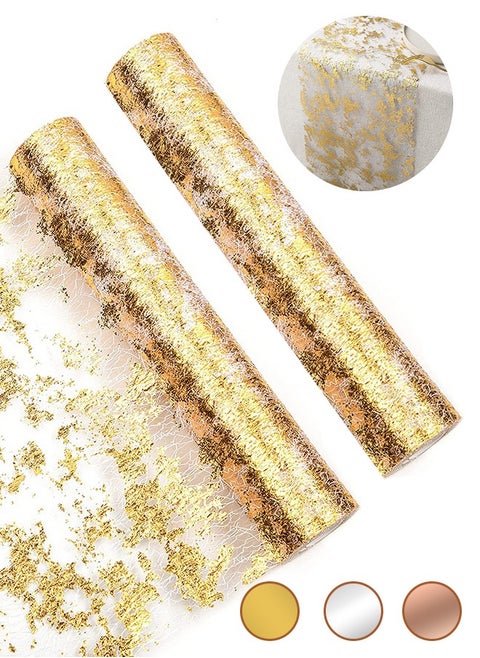 2PCS 16.4ft Gold Table Runner, Glitter Metallic Gold Runners Roll Sequin Thin Mesh Table Runner for Event Party, Wedding, Birthday Party Glam Table Decorations