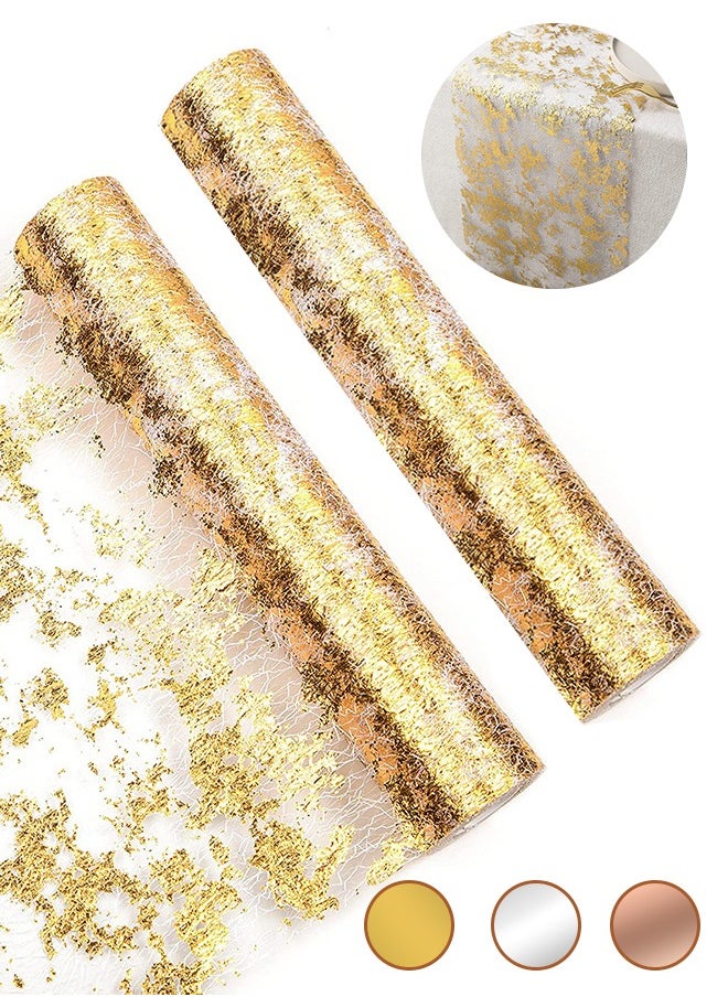 2PCS 16.4ft Gold Table Runner, Glitter Metallic Gold Runners Roll Sequin Thin Mesh Table Runner for Event Party, Wedding, Birthday Party Glam Table Decorations