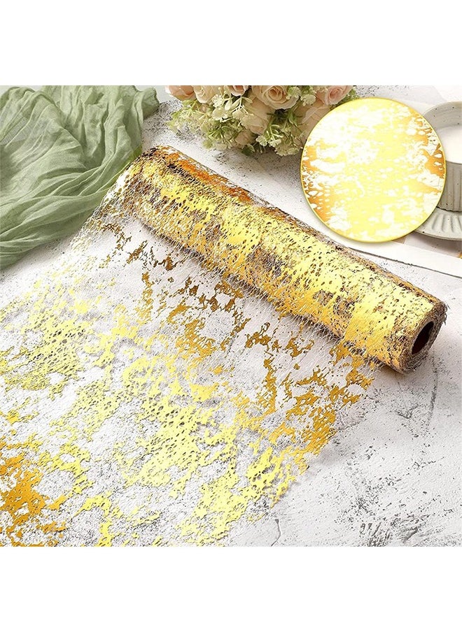 2PCS 16.4ft Gold Table Runner, Glitter Metallic Gold Runners Roll Sequin Thin Mesh Table Runner for Event Party, Wedding, Birthday Party Glam Table Decorations