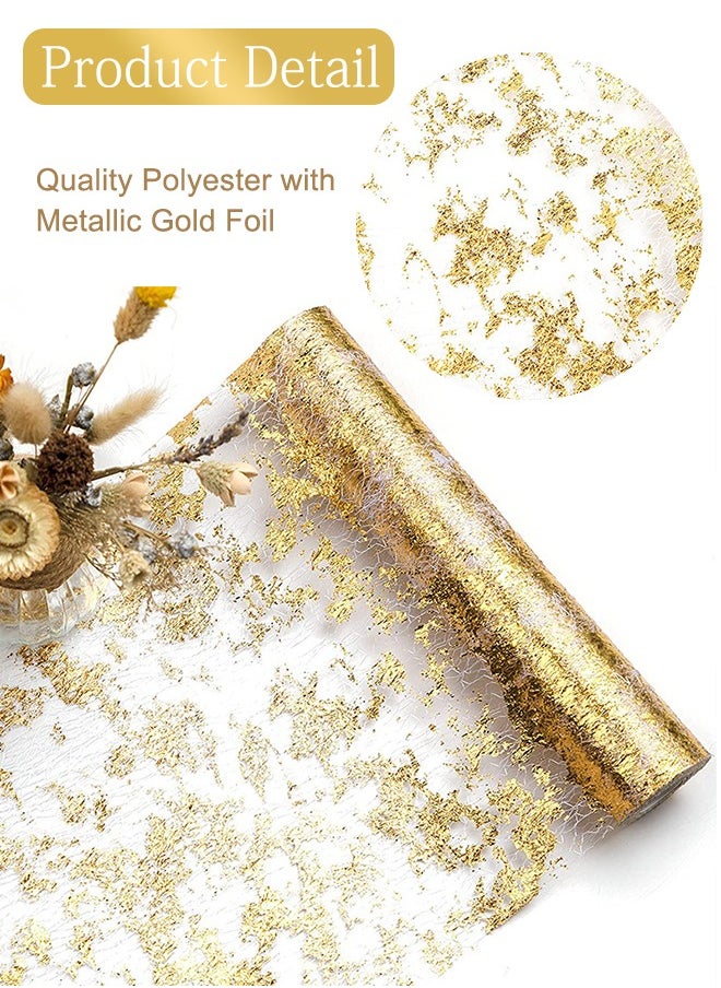 2PCS 16.4ft Gold Table Runner, Glitter Metallic Gold Runners Roll Sequin Thin Mesh Table Runner for Event Party, Wedding, Birthday Party Glam Table Decorations
