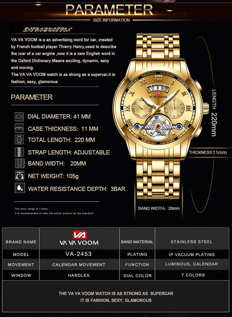 VA VA VOOM Men's Water Resistance Metal Analog Quartz Wrist Watch - Gold - Image 4