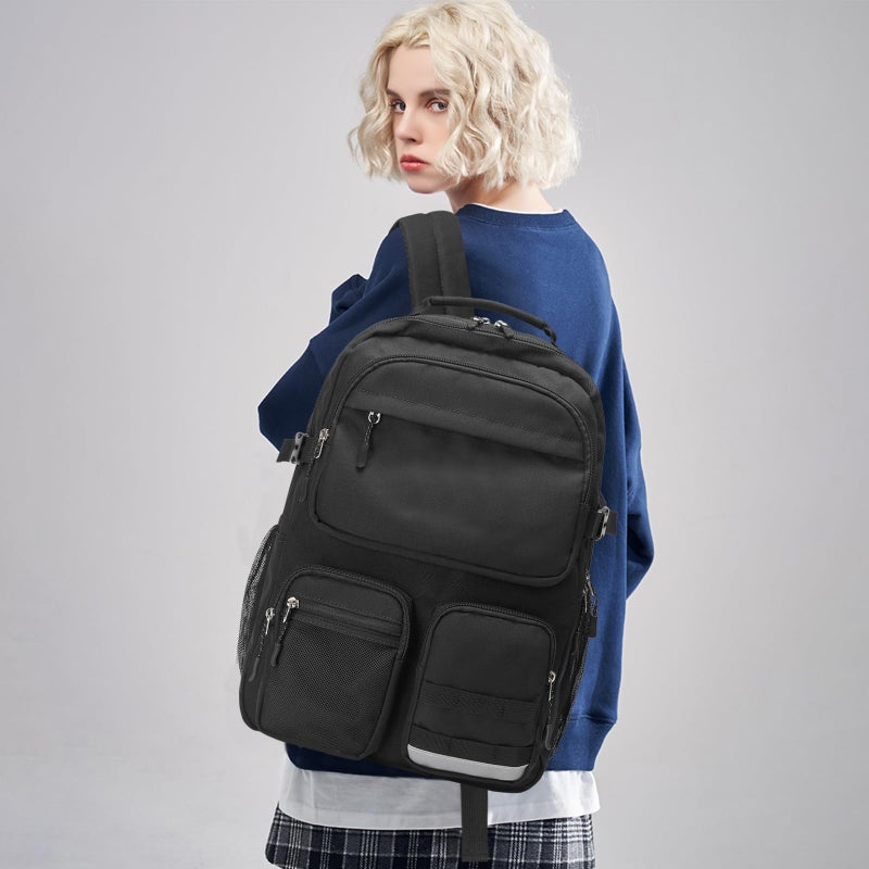 Lohol Water Resistant Backpack with Multifunctional Pockets for Teens, Durable Bookbag fits 15.6 inch Laptop for School Travel College, 25L (Black) - Image 2