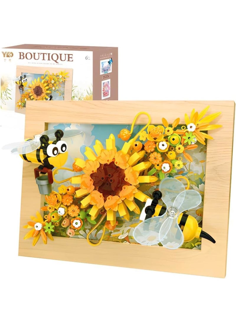 SYOSI Bee Flower Micro Mini Building Set, 322PCS Flower and Insect Building Blocks with Picture Frame, Creative Botanical Construction Kit for Kids and Adults, DIY Sunflower Frame Decoration Gift - Image 1