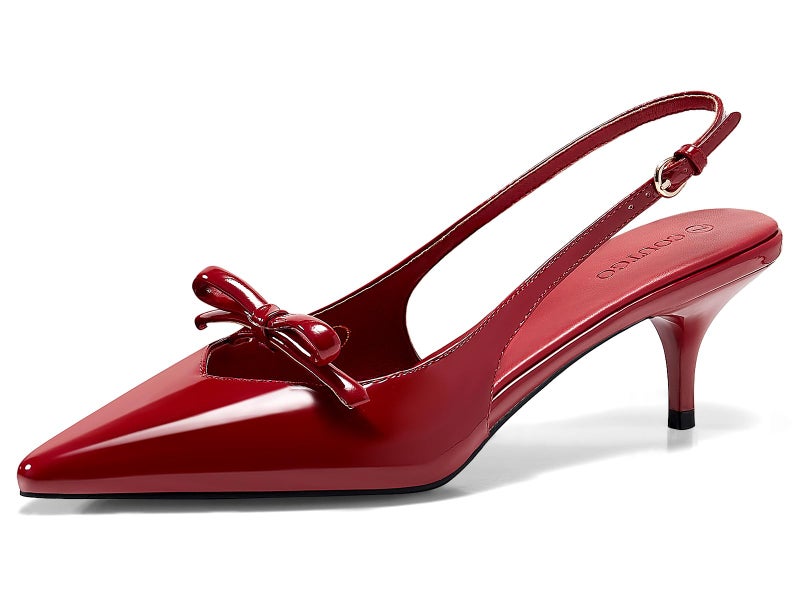 Coutgo Womens Bow Slingback Heels Low Kitten Heel Pumps Closed Pointed Toe Party Wedding Dress Shoes, Red, Size 7 - Image 1