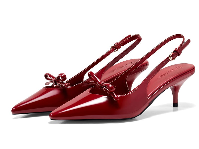 Coutgo Womens Bow Slingback Heels Low Kitten Heel Pumps Closed Pointed Toe Party Wedding Dress Shoes, Red, Size 7 - Image 5