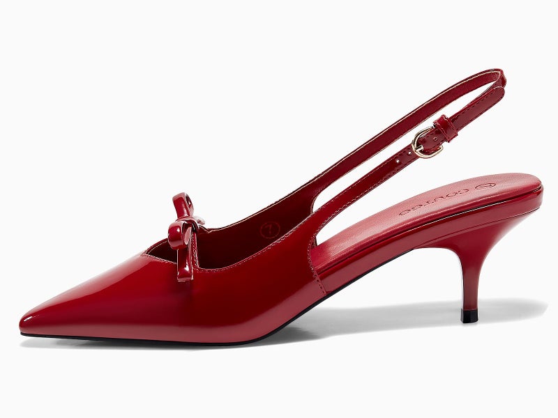 Coutgo Womens Bow Slingback Heels Low Kitten Heel Pumps Closed Pointed Toe Party Wedding Dress Shoes, Red, Size 7 - Image 4