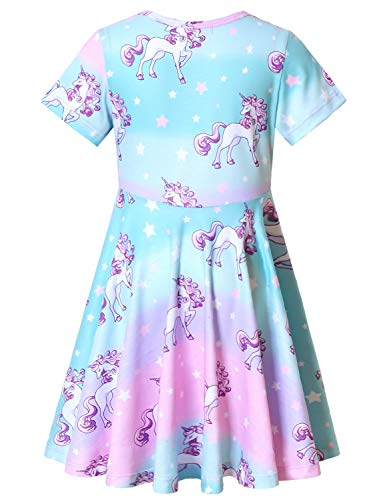QPANCY Little Girls Rainbow Unicorn Dresses Short Sleeve Summer Casual Swing Dress Blue,Size 6 7 - Image 2