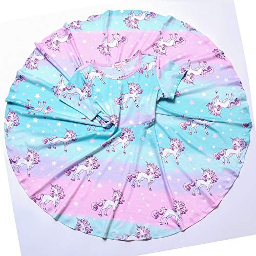 QPANCY Little Girls Rainbow Unicorn Dresses Short Sleeve Summer Casual Swing Dress Blue,Size 6 7 - Image 3