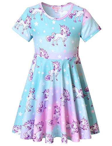 QPANCY Little Girls Rainbow Unicorn Dresses Short Sleeve Summer Casual Swing Dress Blue,Size 6 7 - Image 1