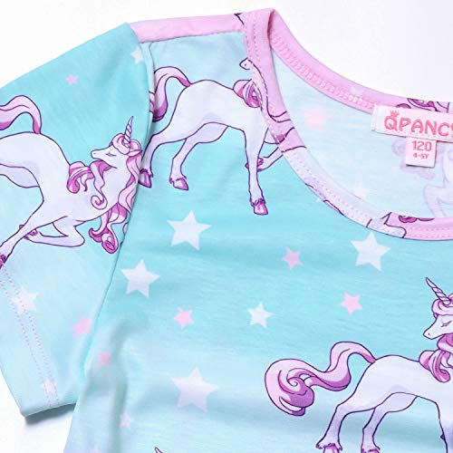 QPANCY Little Girls Rainbow Unicorn Dresses Short Sleeve Summer Casual Swing Dress Blue,Size 6 7 - Image 4