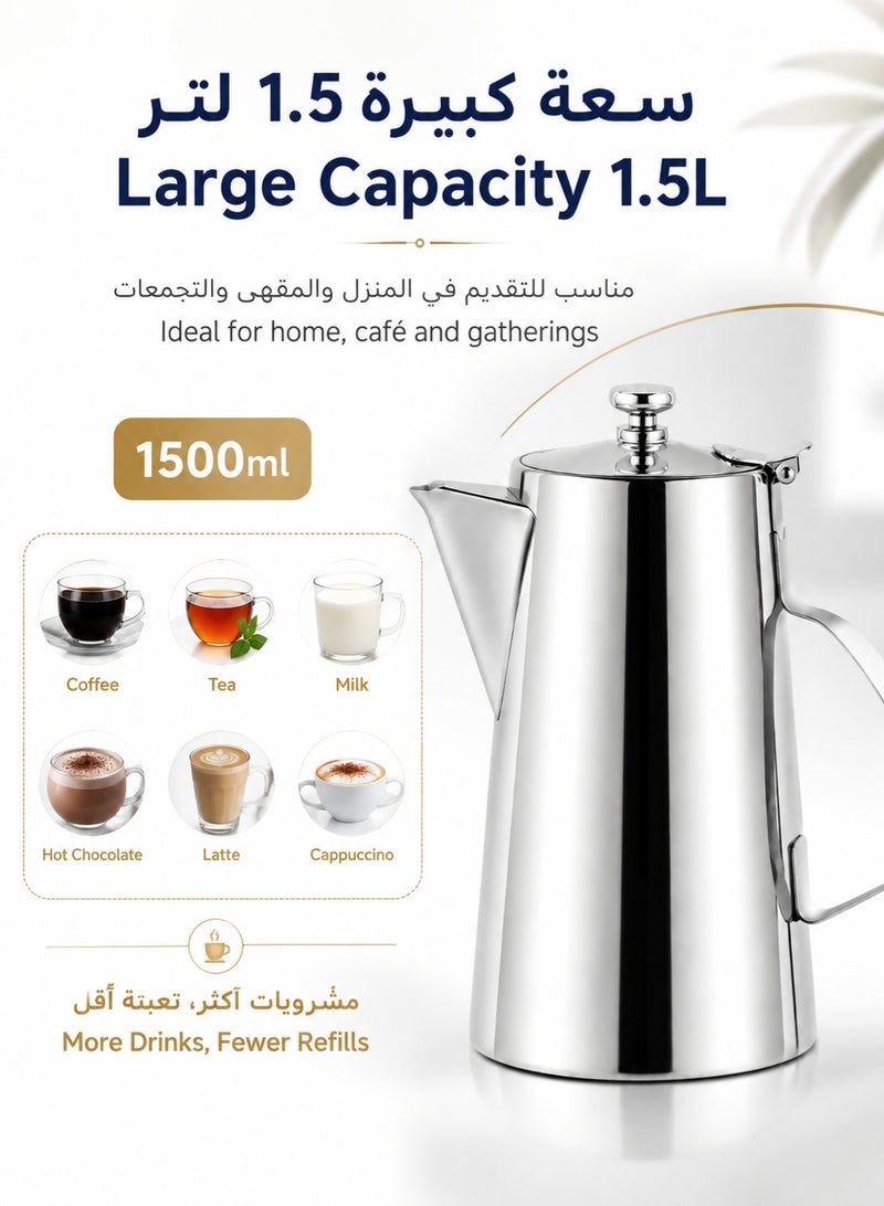 Lucky 1.5L Milk Frothing Pot Stainless Steel Pot with Lid Coffee Milk Beverage Short Spout Pot Suitable for Beverages Milk Juice Silve - Image 3