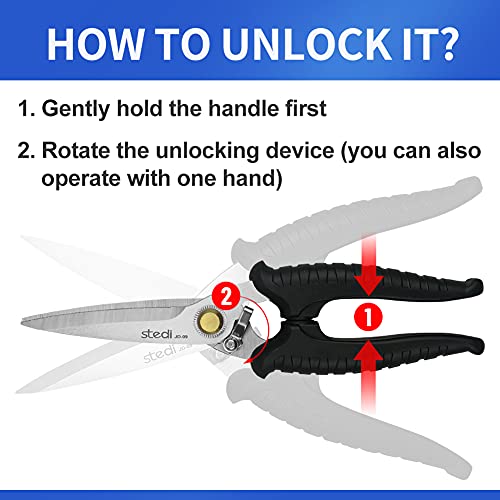 stedi 8.2-inch Multipurpose Heavy Duty Scissors, Extended & Reinforced Ultra Sharp Blades with Finely Serrated, High Carbon Stainless Steel Shears for Household Pruning, Office, Gardening, Black - Image 5