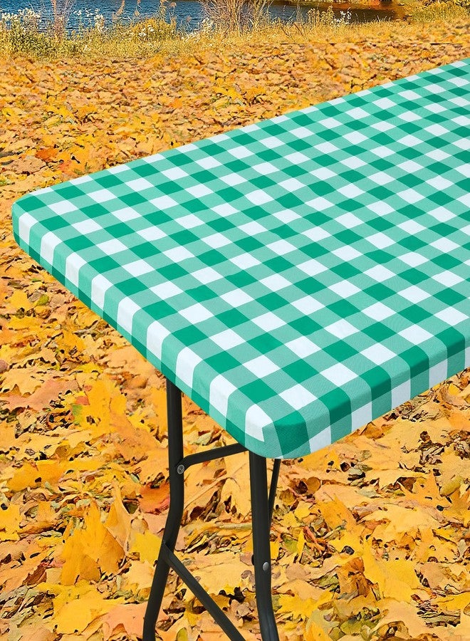 Smiry Rectangle Picnic Table Cloth, Elastic Waterproof Fitted Vinyl Tablecloths, Flannel Backed Buffalo Plaid Table Covers for Dining, Camping, Outdoor (White and Green, 30" x 72") - Image 1