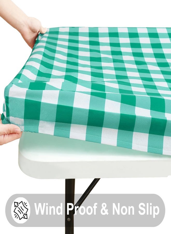 Smiry Rectangle Picnic Table Cloth, Elastic Waterproof Fitted Vinyl Tablecloths, Flannel Backed Buffalo Plaid Table Covers for Dining, Camping, Outdoor (White and Green, 30" x 72") - Image 2