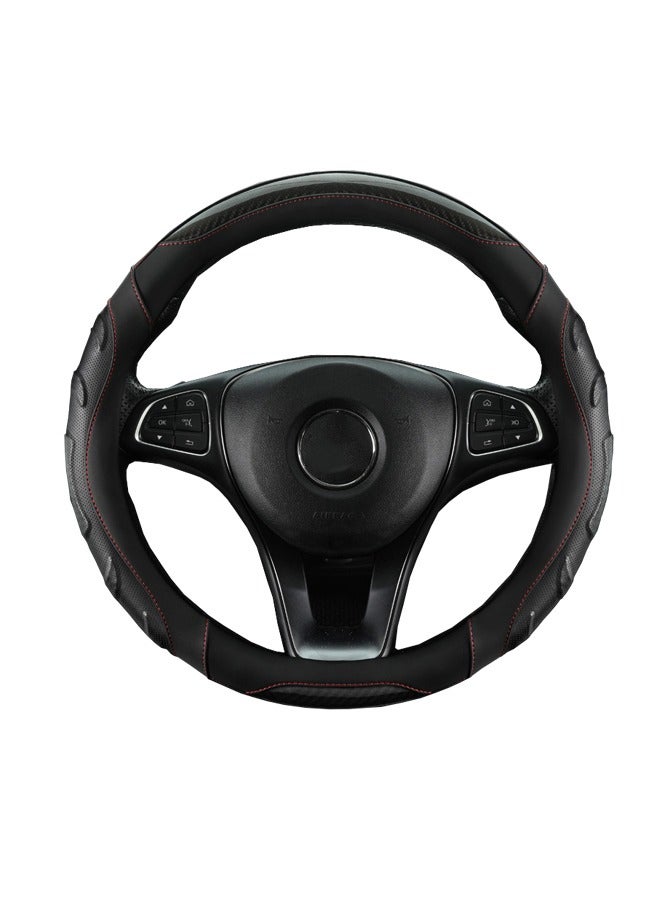 Generic Carbon Fiber Leather Steering Wheel Cover, Breathable Non-Slip Steering Wheel Cover, 15-Inch All-Season Steering Wheel Cover (Black with Red Line)  - Image 1