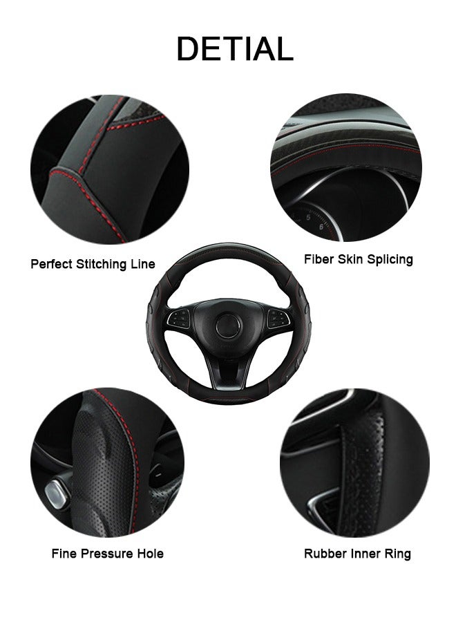 Generic Carbon Fiber Leather Steering Wheel Cover, Breathable Non-Slip Steering Wheel Cover, 15-Inch All-Season Steering Wheel Cover (Black with Red Line)  - Image 4