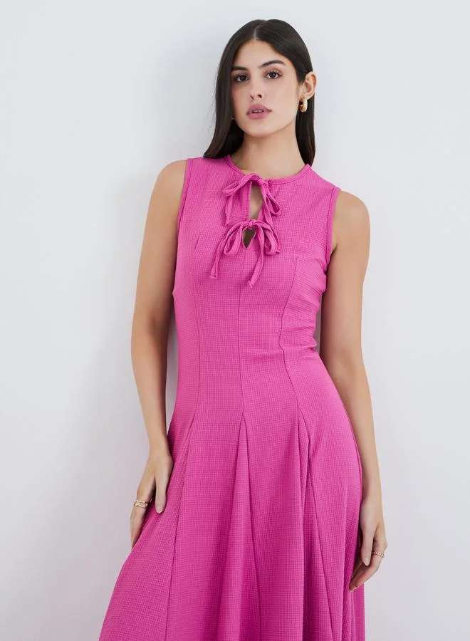 Styli Pink Tie-Up Neck A-Line Maxi Dress