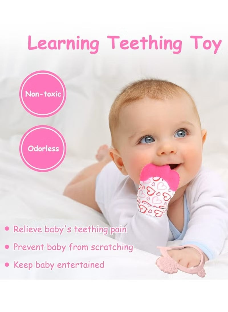 Dominy 2PCS Baby Teething Set, Includes Baby Chew Toy and Silicone Mitten Teether Glove, Teething Toy for Baby 0-6 Months Teething Relief, Baby Silicone Teether for Baby Biting Need Soothing Gum Pain Relief(Pink)  - Image 2