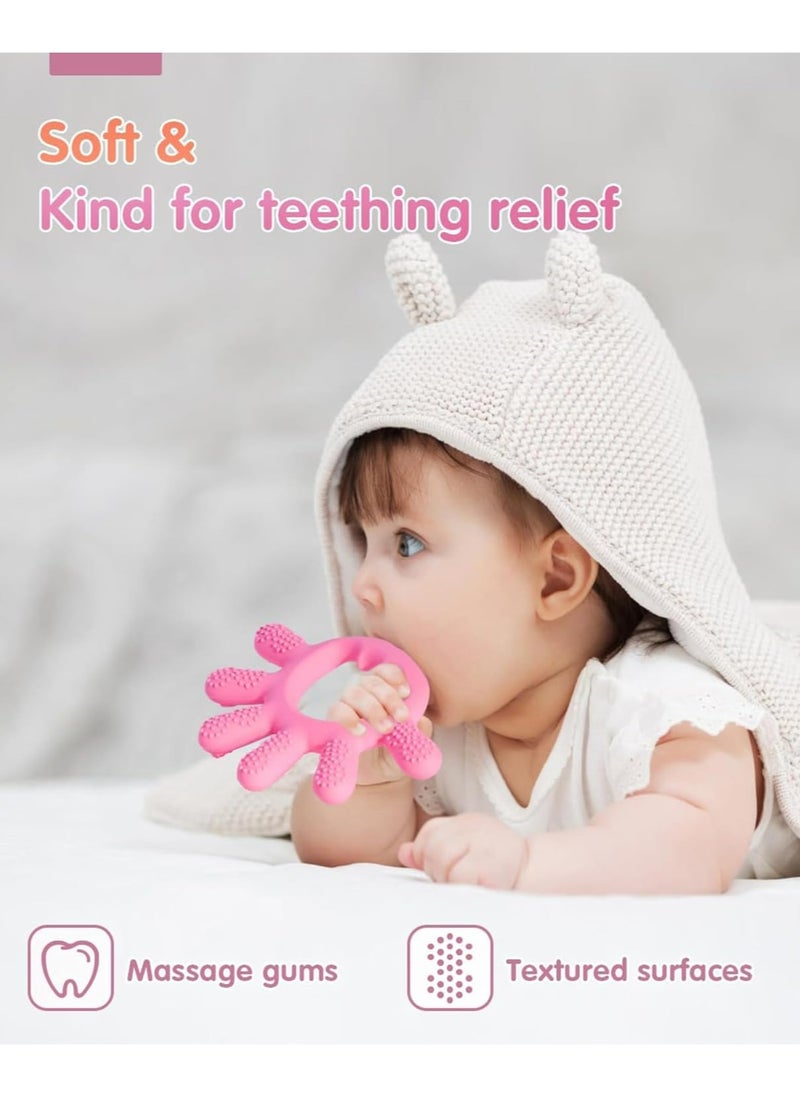 Dominy 2PCS Baby Teething Set, Includes Baby Chew Toy and Silicone Mitten Teether Glove, Teething Toy for Baby 0-6 Months Teething Relief, Baby Silicone Teether for Baby Biting Need Soothing Gum Pain Relief(Pink)  - Image 5