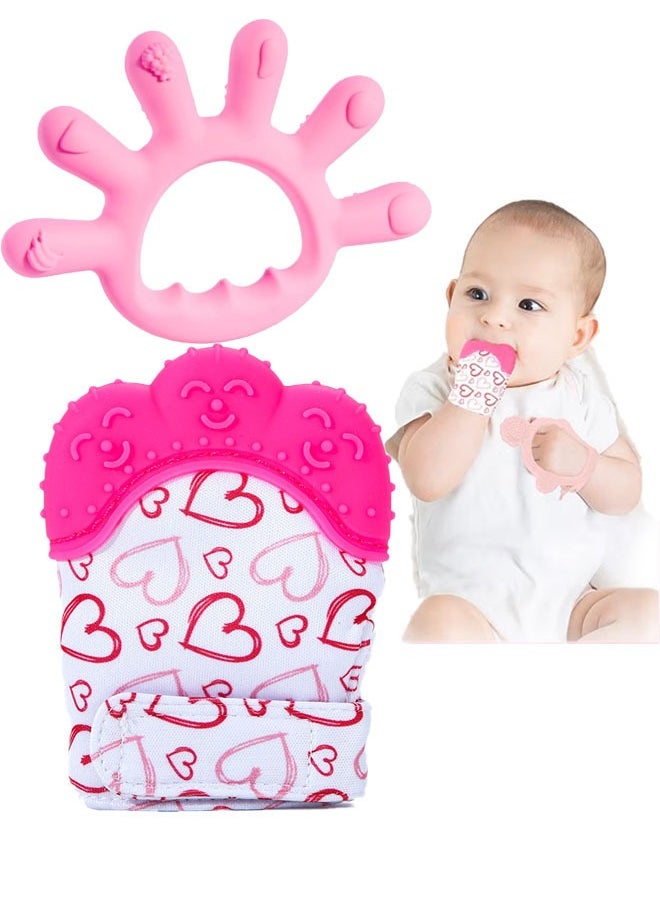 Dominy 2PCS Baby Teething Set, Includes Baby Chew Toy and Silicone Mitten Teether Glove, Teething Toy for Baby 0-6 Months Teething Relief, Baby Silicone Teether for Baby Biting Need Soothing Gum Pain Relief(Pink)  - Image 1